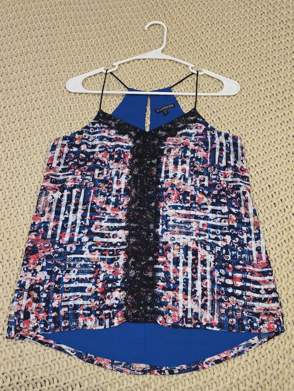 Express Navy Multicolor Floral-Stripe Lace-Trim Cami